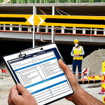**

Construction risk management. A French construction site showing potential hazards being addressed proactively. Depict a scene where workers are safely navigating the site, following safety protocols. Show a diagram illustrating risk assessment and contingency plans. Include visual elements symbolizing proactive planning and risk mitigation. Also display drone inspecting a bridge. Show an insurance policy contract in the bottom left corner. Overall, illustrate the importance of anticipating and managing construction risks.