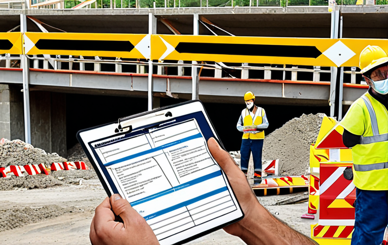 **
Construction risk management. A French construction site showing potential hazards being addressed proactively. Depict a scene where workers are safely navigating the site, following safety protocols. Show a diagram illustrating risk assessment and contingency plans. Include visual elements symbolizing proactive planning and risk mitigation. Also display drone inspecting a bridge. Show an insurance policy contract in the bottom left corner. Overall, illustrate the importance of anticipating and managing construction risks.