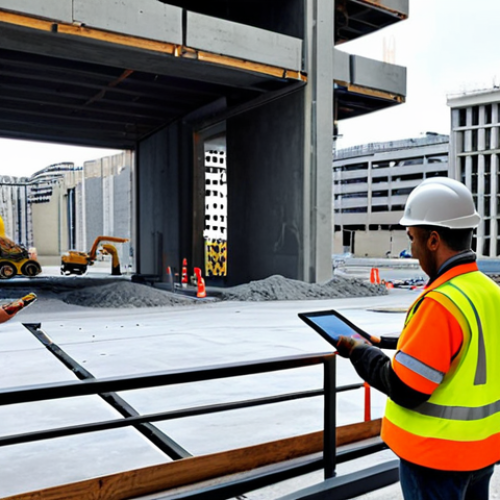 Home 4 **
A futuristic construction site in Paris. Self-healing concrete is being poured, with glowing bacteria visible within the mixture. In the background, a partially completed parking structure shows cracks visibly sealing themselves. Engineers in hard hats observe with tablets displaying BIM data overlaid onto the real-world construction. The scene emphasizes sustainable building and advanced technology.
**