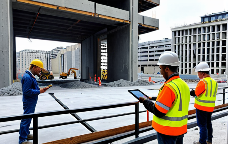 **
A futuristic construction site in Paris. Self-healing concrete is being poured, with glowing bacteria visible within the mixture. In the background, a partially completed parking structure shows cracks visibly sealing themselves. Engineers in hard hats observe with tablets displaying BIM data overlaid onto the real-world construction. The scene emphasizes sustainable building and advanced technology.
**