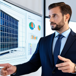 A professional architect in a modest business suit, standing in a modern, bright construction office. They are engaged with a large holographic display showing a detailed 3D Building Information Model (BIM) of a sustainable building project. The architect is pointing at the model with a thoughtful expression, surrounded by subtle technological elements. The scene conveys innovation and digital advancement in the construction sector. Perfect anatomy, correct proportions, natural pose, well-formed hands, proper finger count, natural body proportions, high-quality professional photography, fully clothed, appropriate attire, safe for work, professional.