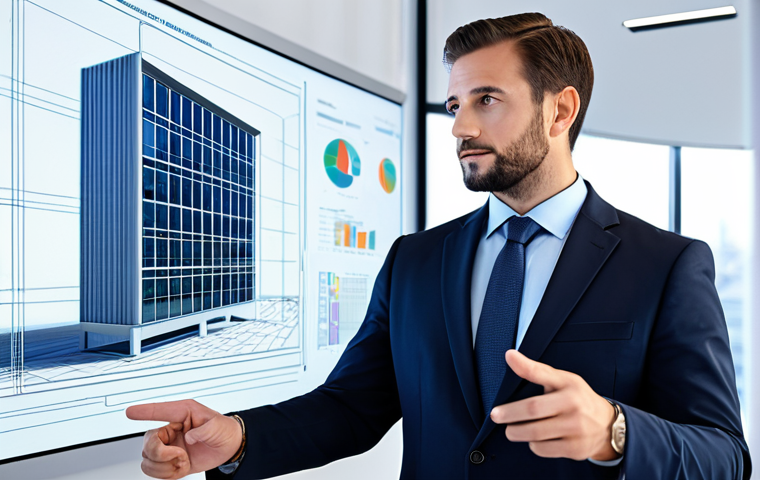 A professional architect in a modest business suit, standing in a modern, bright construction office. They are engaged with a large holographic display showing a detailed 3D Building Information Model (BIM) of a sustainable building project. The architect is pointing at the model with a thoughtful expression, surrounded by subtle technological elements. The scene conveys innovation and digital advancement in the construction sector. Perfect anatomy, correct proportions, natural pose, well-formed hands, proper finger count, natural body proportions, high-quality professional photography, fully clothed, appropriate attire, safe for work, professional.