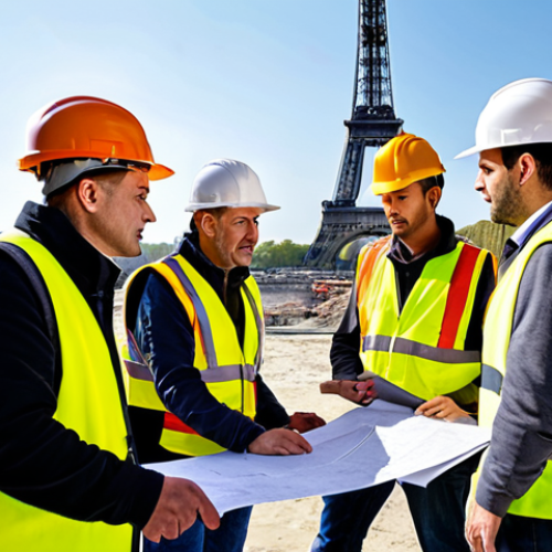 Home 22 **
"Construction site meeting. A diverse team of construction workers, architects, and engineers, fully clothed in appropriate safety gear (hard hats, vests), are gathered around a blueprint on a sunny construction site in Paris. The Eiffel Tower is visible in the background. They are engaged in a discussion, pointing at the blueprint. Safe for work, appropriate content, fully clothed, professional environment, perfect anatomy, correct proportions, natural pose, well-formed hands, proper finger count, natural body proportions, high quality rendering."
**