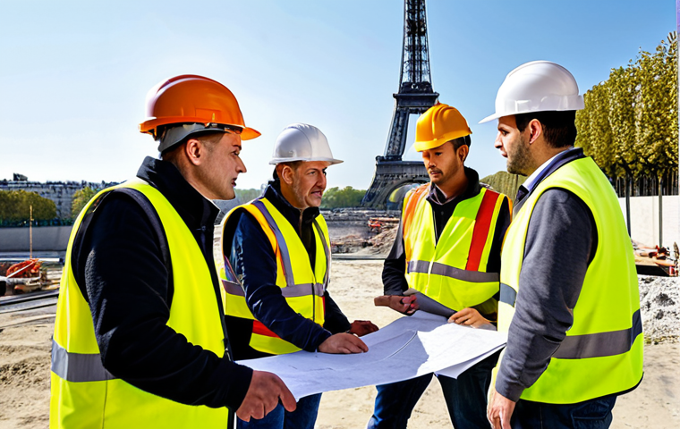 **

"Construction site meeting. A diverse team of construction workers, architects, and engineers, fully clothed in appropriate safety gear (hard hats, vests), are gathered around a blueprint on a sunny construction site in Paris. The Eiffel Tower is visible in the background.  They are engaged in a discussion, pointing at the blueprint.  Safe for work, appropriate content, fully clothed, professional environment, perfect anatomy, correct proportions, natural pose, well-formed hands, proper finger count, natural body proportions, high quality rendering."

**
