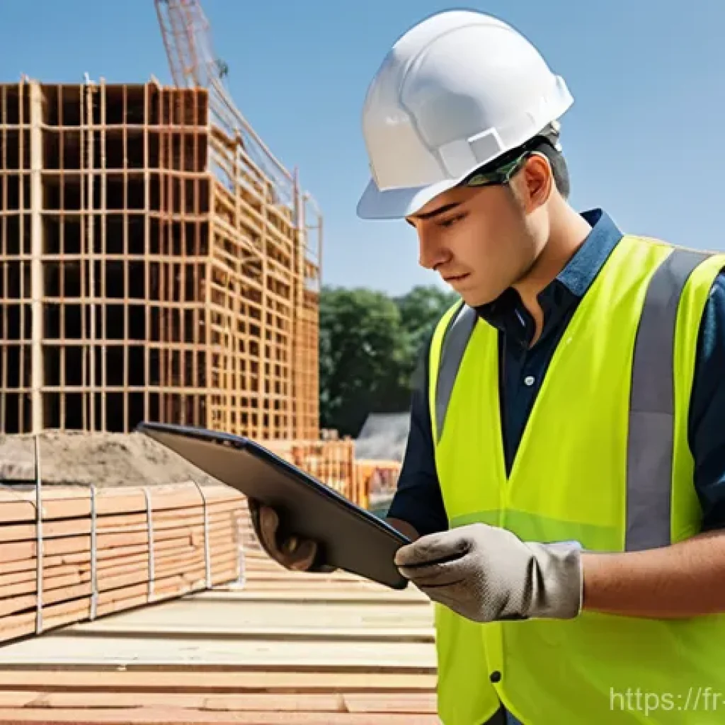 시공 분야 직무 적성 검사 소개 - **Prompt:** A dynamic scene on a bustling French construction site. A skilled young adult, dressed i...