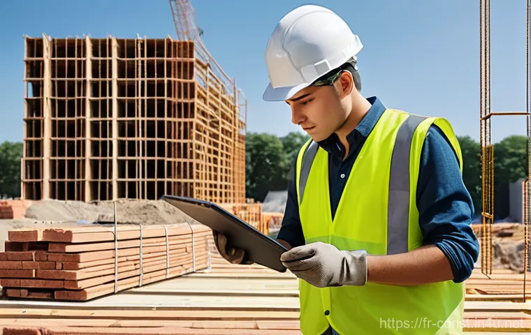 시공 분야 직무 적성 검사 소개 - **Prompt:** A dynamic scene on a bustling French construction site. A skilled young adult, dressed i...