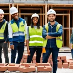 시공 자격증 종류와 선택 가이드 - **Prompt:** A group of young, diverse apprentices, proudly wearing safety helmets and reflective ves...