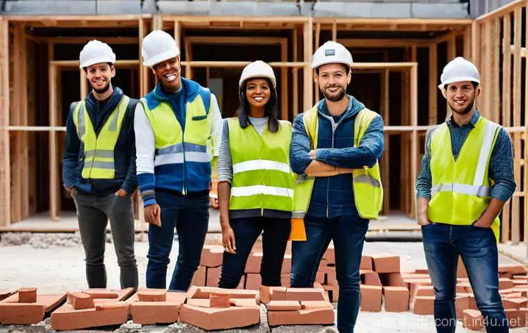 시공 자격증 종류와 선택 가이드 - **Prompt:** A group of young, diverse apprentices, proudly wearing safety helmets and reflective ves...