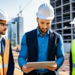 건축 시공 현장에서의 협업 문화 - **Modern BIM-Integrated Construction Site Meeting:** A diverse team of five construction professiona...