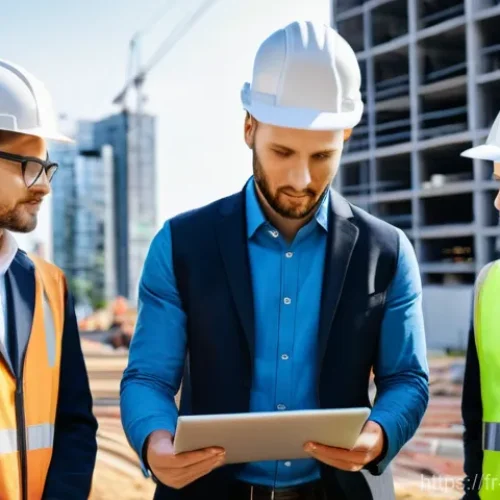 Home 29 건축 시공 현장에서의 협업 문화 - **Modern BIM-Integrated Construction Site Meeting:** A diverse team of five construction professiona...