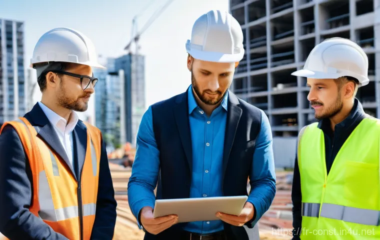 건축 시공 현장에서의 협업 문화 - **Modern BIM-Integrated Construction Site Meeting:** A diverse team of five construction professiona...