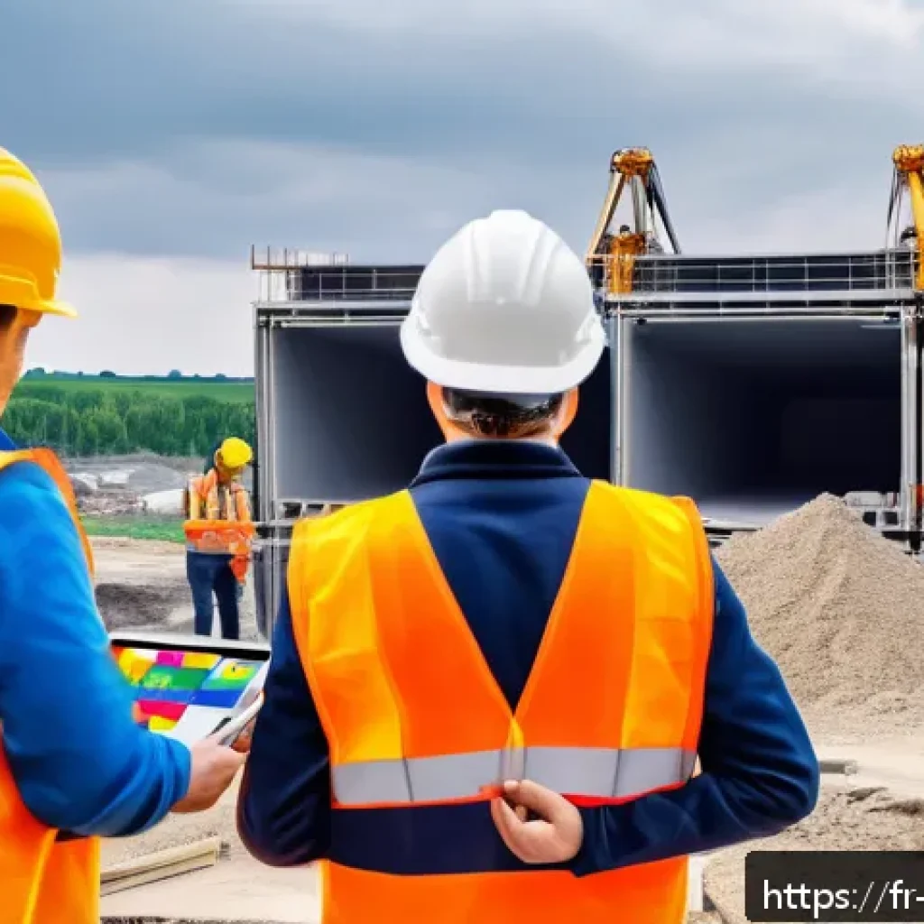 건설 프로젝트 일정 관리 사례 - A modern construction site scene in France, showcasing a diverse team of engineers and workers colla...