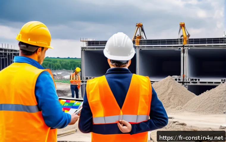 건설 프로젝트 일정 관리 사례 - A modern construction site scene in France, showcasing a diverse team of engineers and workers colla...
