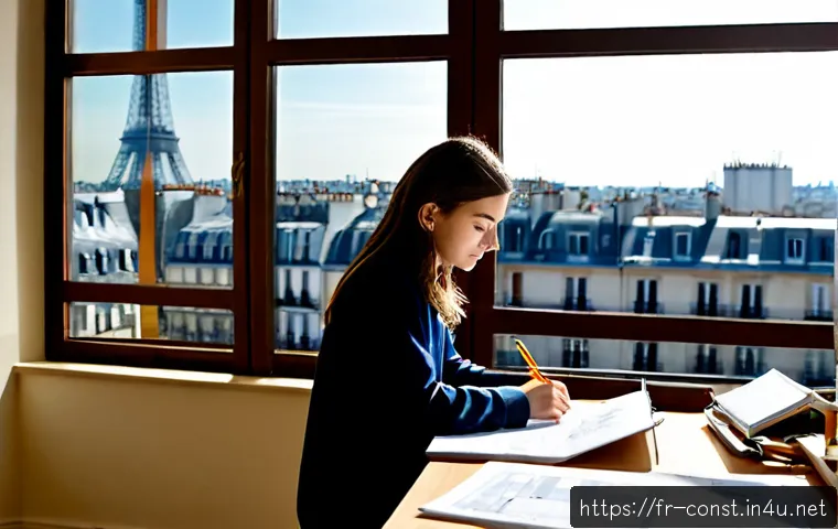 시공 관련 중점 과목 학습법 - Photorealistic French civil engineering student studying core construction subjects at a bright apar...