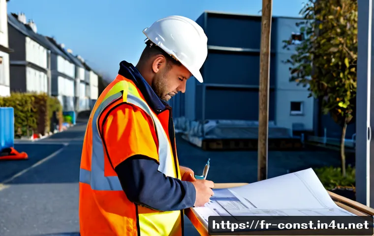 Home 15 시공 전문가가 알아야 할 법규 - Photorealistic French construction professional in clean safety gear reviewing a building permit blu...